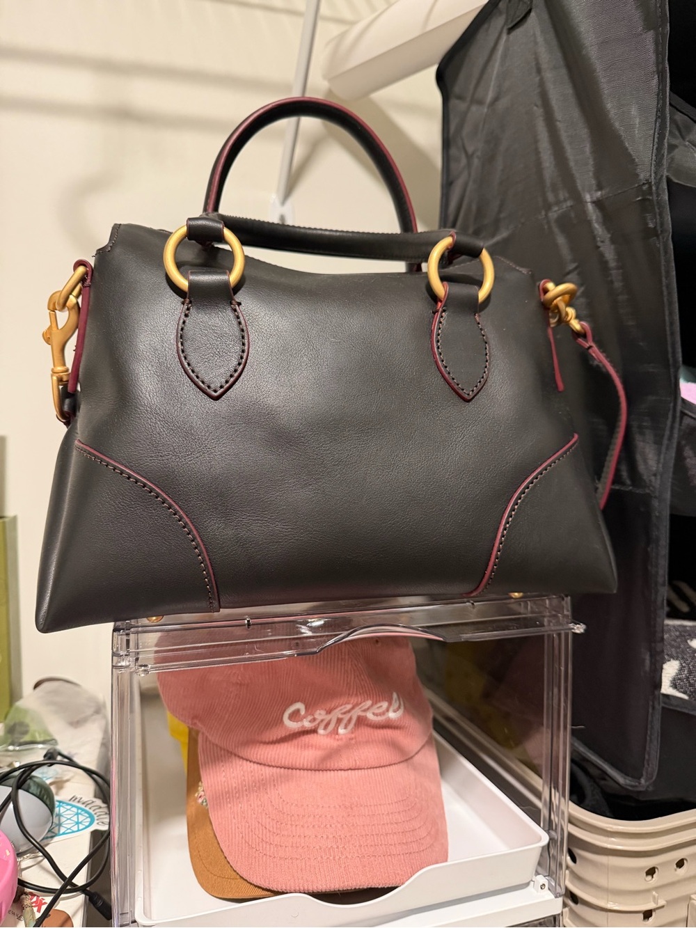 Dooney & Bourke Black Satchel with Burgundy Trim and Gold Hardware - Picture 2 of 5